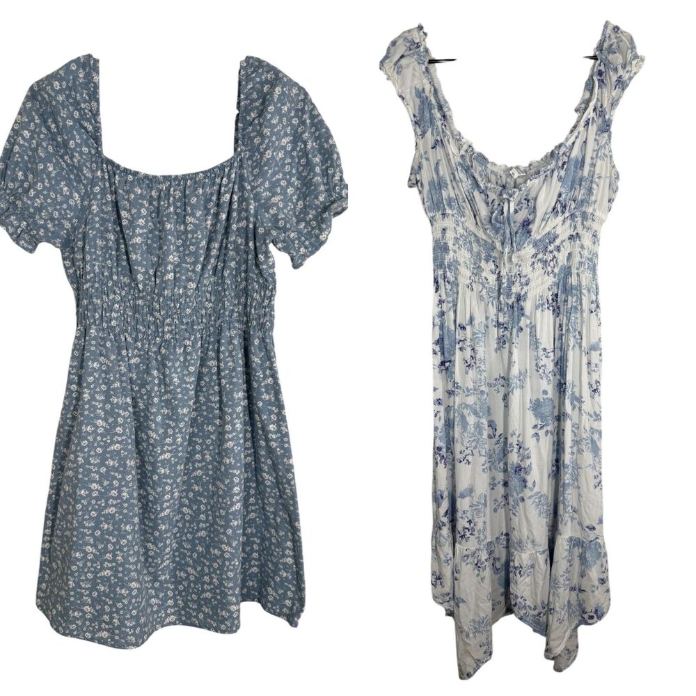 Womens Blue White Floral Babydoll Dress Bundle XL Cottagecore Milkmaid Feminine